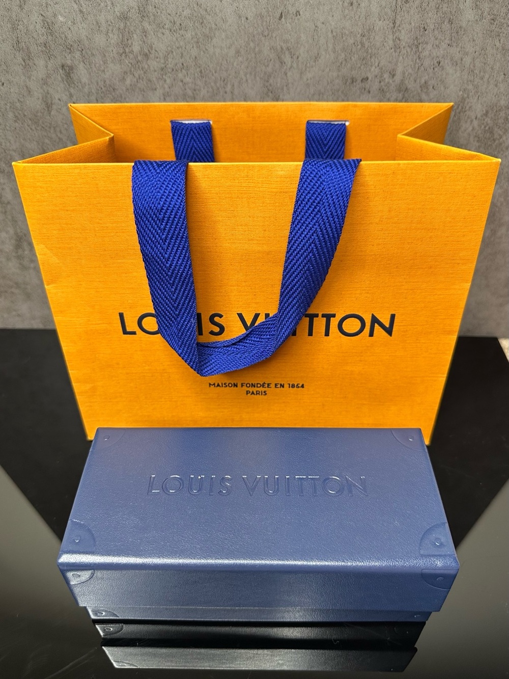 Louis Vuitton Navy Blue Hard Sunglasses Eyeglasses Case + Shopping Bag